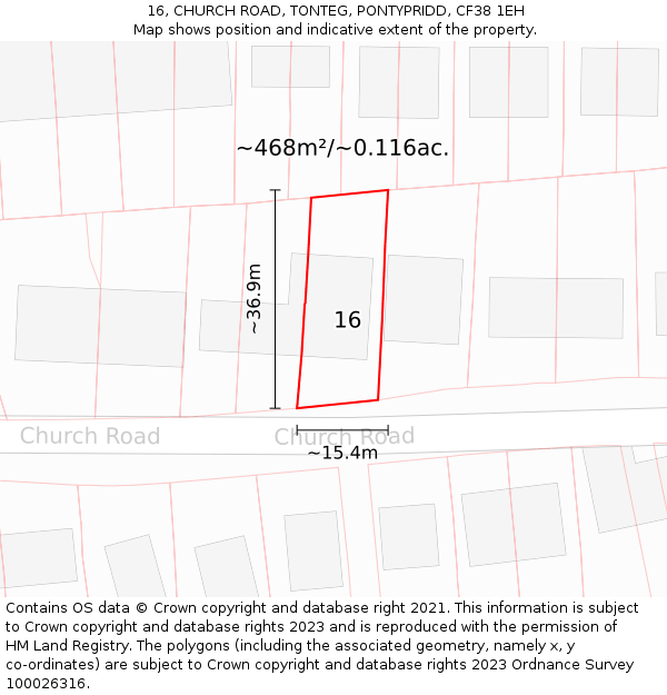 16, CHURCH ROAD, TONTEG, PONTYPRIDD, CF38 1EH: Plot and title map