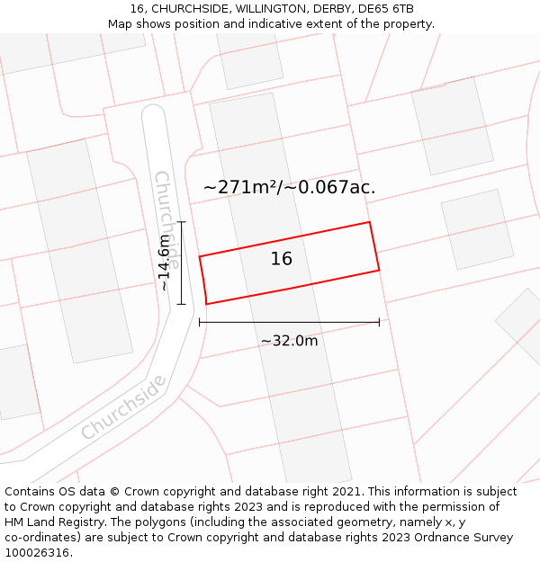 16, CHURCHSIDE, WILLINGTON, DERBY, DE65 6TB: Plot and title map