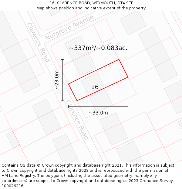 16, CLARENCE ROAD, WEYMOUTH, DT4 9EE: Plot and title map