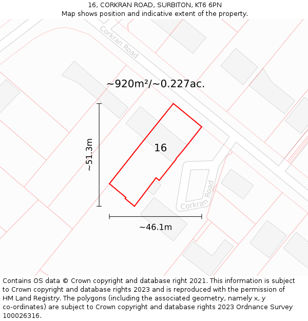 16, CORKRAN ROAD, SURBITON, KT6 6PN: Plot and title map