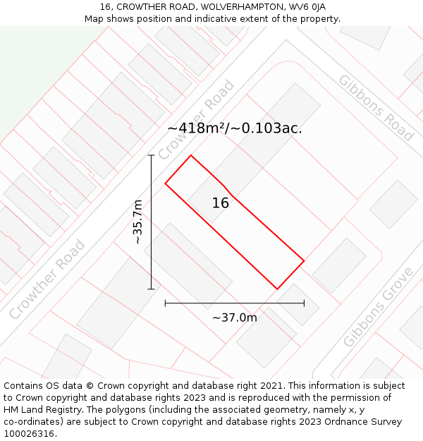 16, CROWTHER ROAD, WOLVERHAMPTON, WV6 0JA: Plot and title map