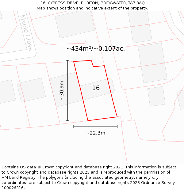 16, CYPRESS DRIVE, PURITON, BRIDGWATER, TA7 8AQ: Plot and title map