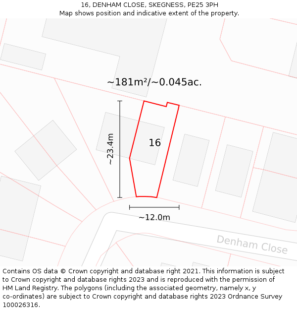 16, DENHAM CLOSE, SKEGNESS, PE25 3PH: Plot and title map