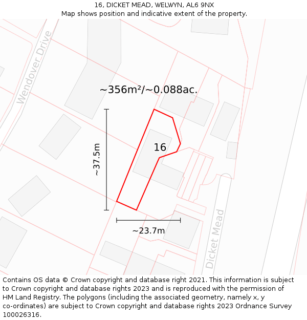 16, DICKET MEAD, WELWYN, AL6 9NX: Plot and title map