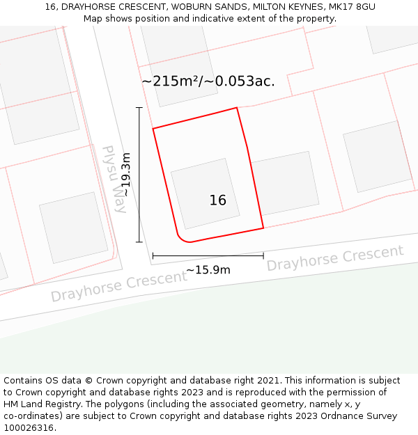 16, DRAYHORSE CRESCENT, WOBURN SANDS, MILTON KEYNES, MK17 8GU: Plot and title map