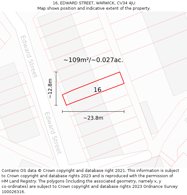 16, EDWARD STREET, WARWICK, CV34 4JU: Plot and title map