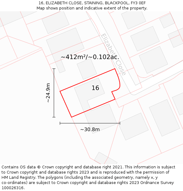 16, ELIZABETH CLOSE, STAINING, BLACKPOOL, FY3 0EF: Plot and title map