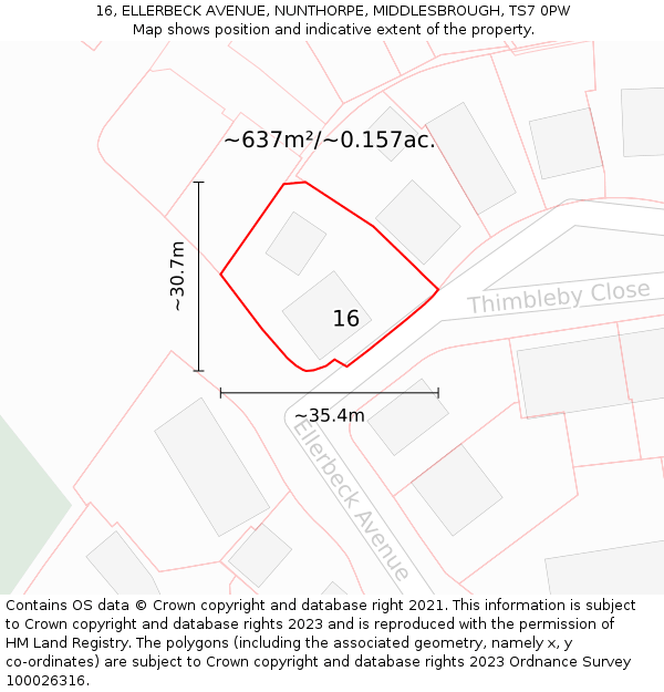 16, ELLERBECK AVENUE, NUNTHORPE, MIDDLESBROUGH, TS7 0PW: Plot and title map