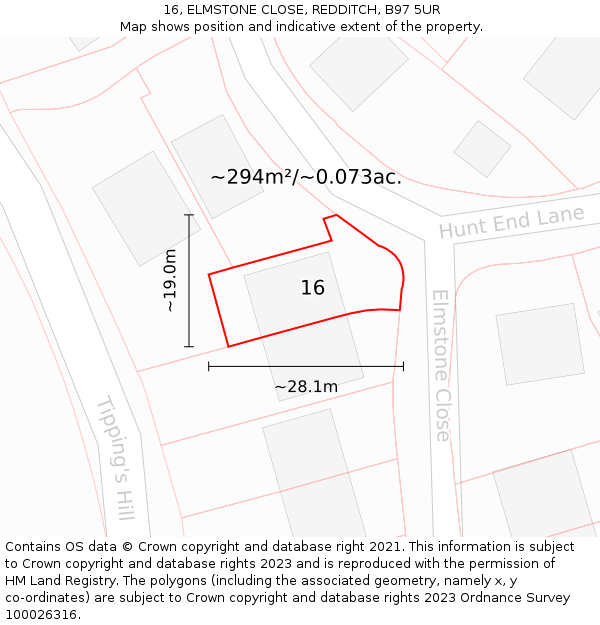 16, ELMSTONE CLOSE, REDDITCH, B97 5UR: Plot and title map