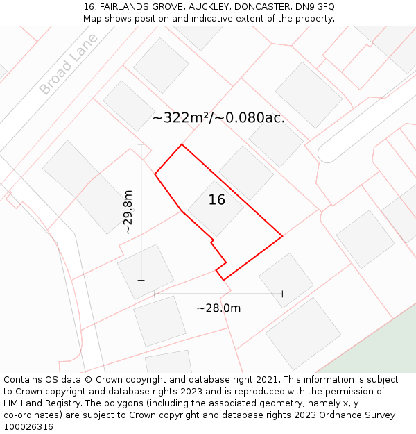 16, FAIRLANDS GROVE, AUCKLEY, DONCASTER, DN9 3FQ: Plot and title map