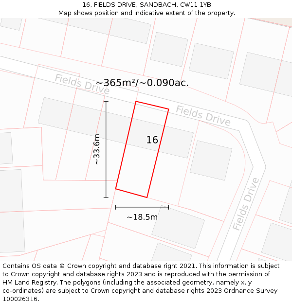 16, FIELDS DRIVE, SANDBACH, CW11 1YB: Plot and title map