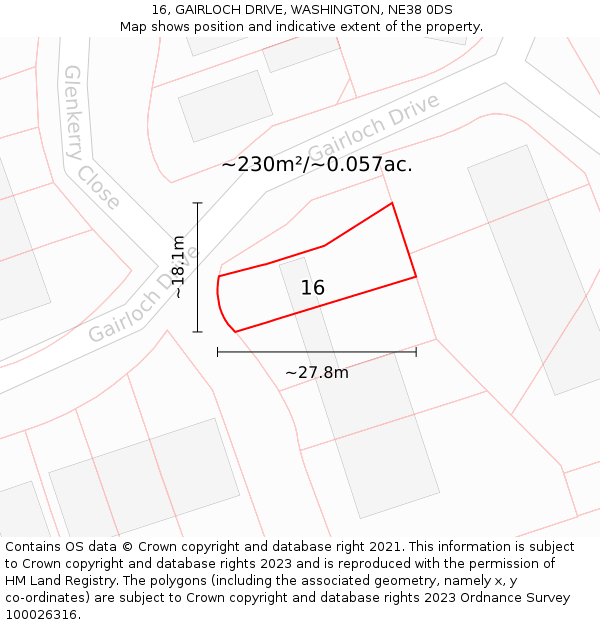 16, GAIRLOCH DRIVE, WASHINGTON, NE38 0DS: Plot and title map