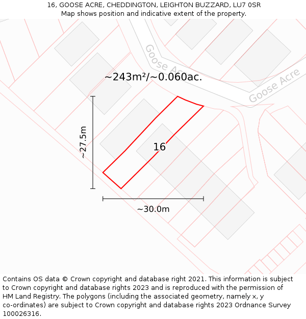 16, GOOSE ACRE, CHEDDINGTON, LEIGHTON BUZZARD, LU7 0SR: Plot and title map