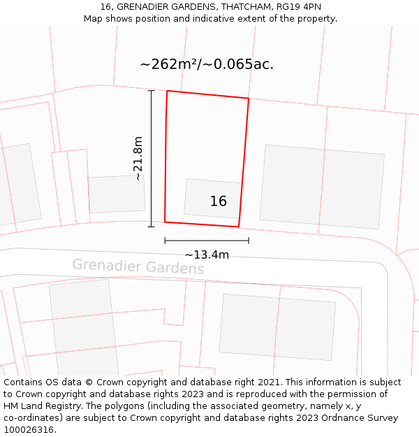 16, GRENADIER GARDENS, THATCHAM, RG19 4PN: Plot and title map