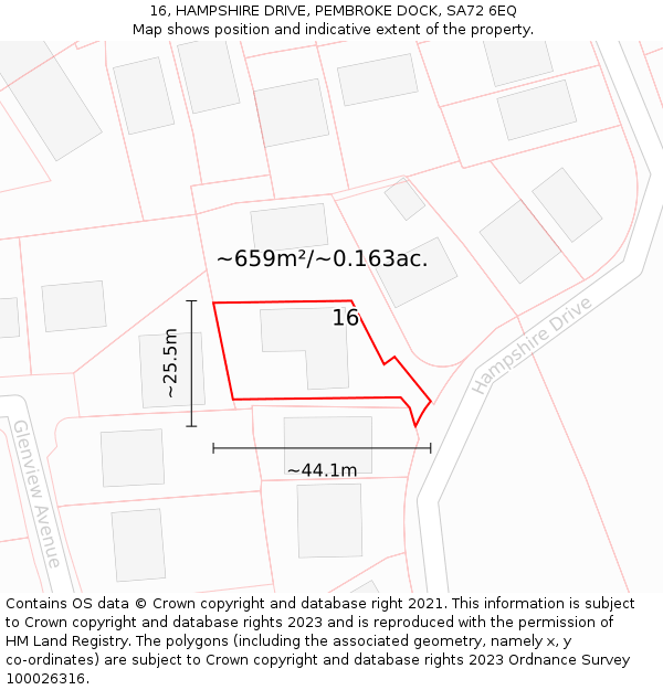 16, HAMPSHIRE DRIVE, PEMBROKE DOCK, SA72 6EQ: Plot and title map