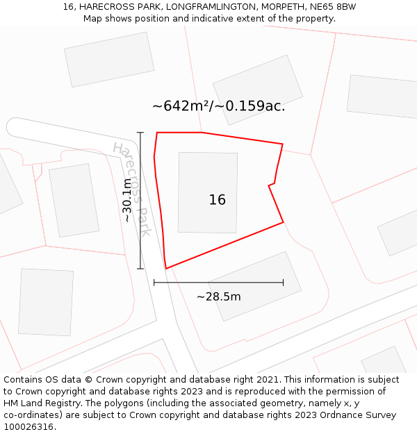 16, HARECROSS PARK, LONGFRAMLINGTON, MORPETH, NE65 8BW: Plot and title map