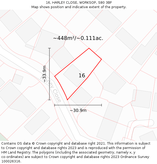 16, HARLEY CLOSE, WORKSOP, S80 3BF: Plot and title map