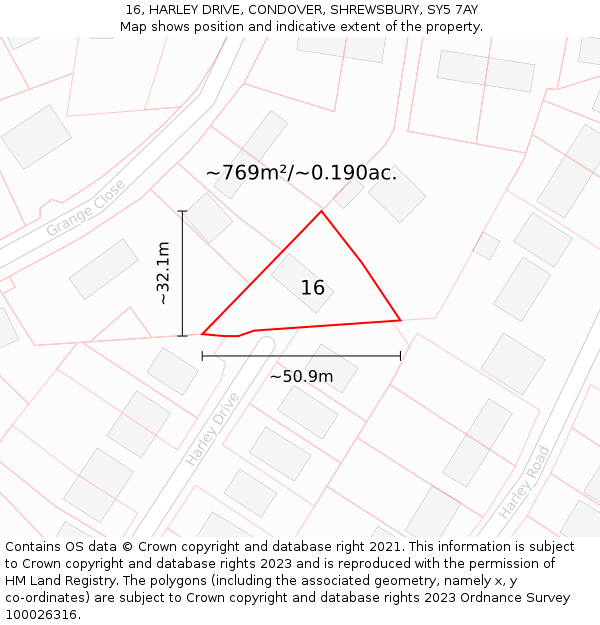 16, HARLEY DRIVE, CONDOVER, SHREWSBURY, SY5 7AY: Plot and title map