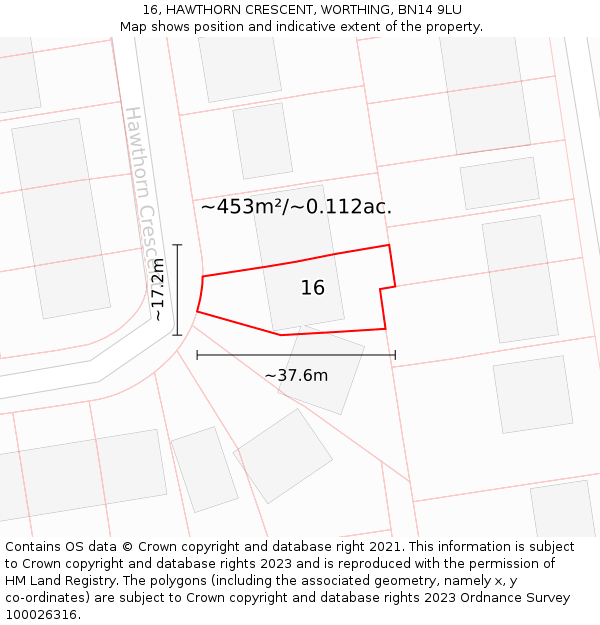 16, HAWTHORN CRESCENT, WORTHING, BN14 9LU: Plot and title map