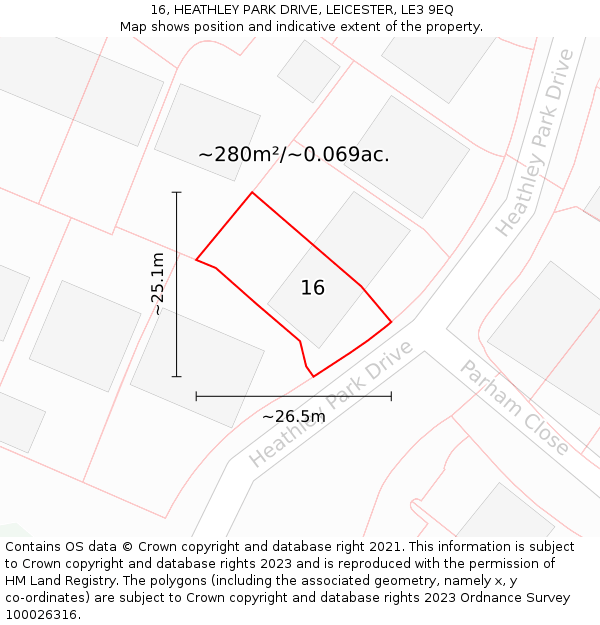 16, HEATHLEY PARK DRIVE, LEICESTER, LE3 9EQ: Plot and title map