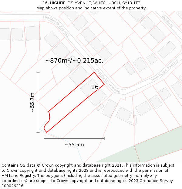 16, HIGHFIELDS AVENUE, WHITCHURCH, SY13 1TB: Plot and title map