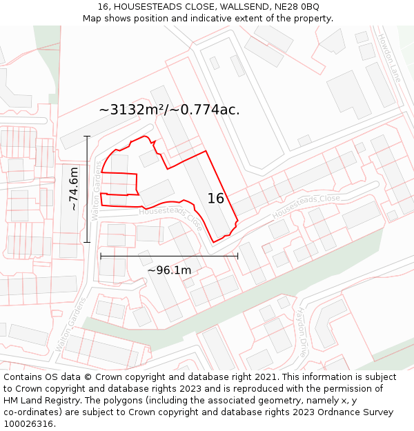 16, HOUSESTEADS CLOSE, WALLSEND, NE28 0BQ: Plot and title map