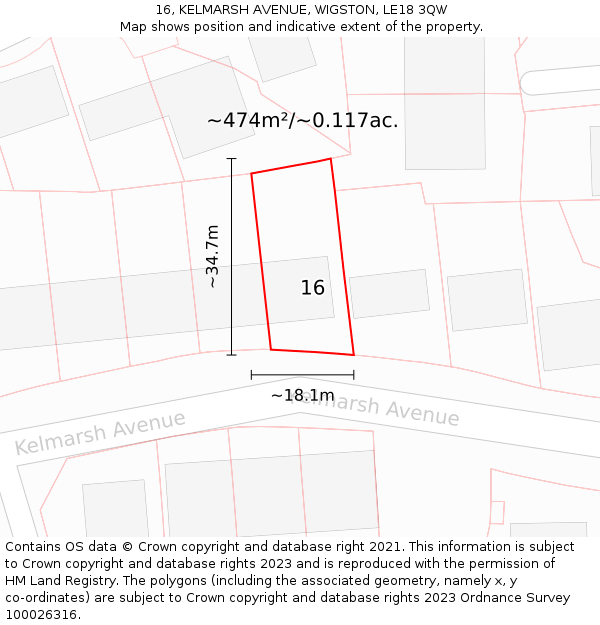 16, KELMARSH AVENUE, WIGSTON, LE18 3QW: Plot and title map