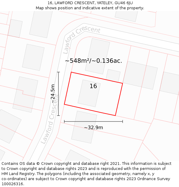 16, LAWFORD CRESCENT, YATELEY, GU46 6JU: Plot and title map