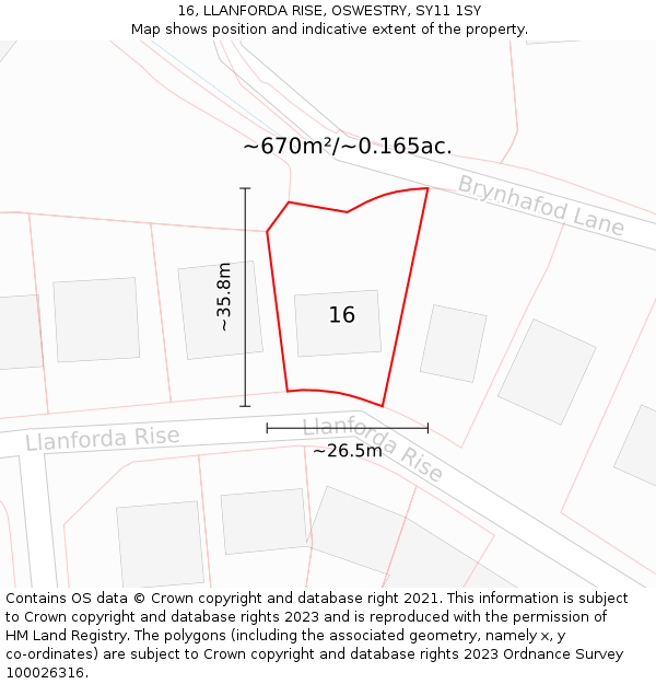 16, LLANFORDA RISE, OSWESTRY, SY11 1SY: Plot and title map