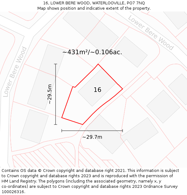 16, LOWER BERE WOOD, WATERLOOVILLE, PO7 7NQ: Plot and title map