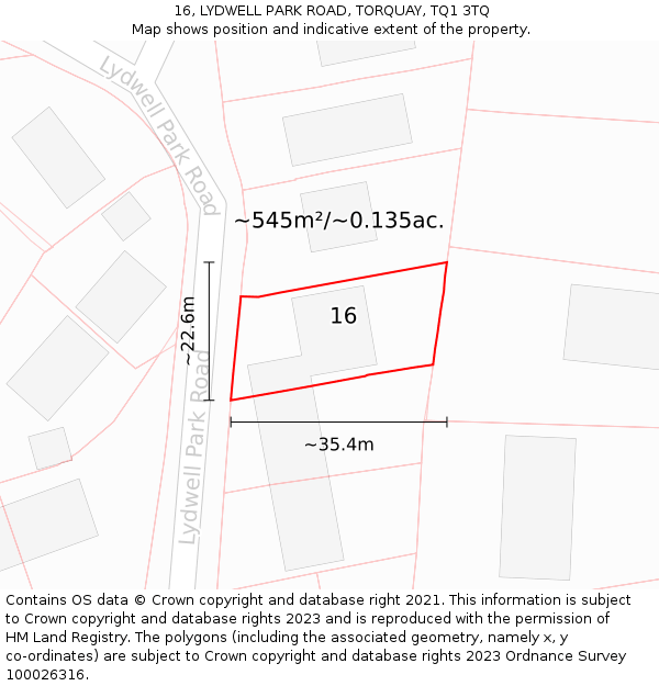 16, LYDWELL PARK ROAD, TORQUAY, TQ1 3TQ: Plot and title map