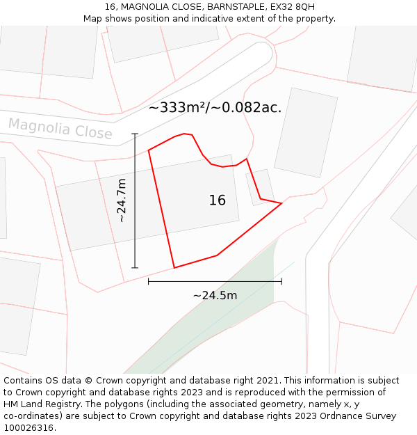 16, MAGNOLIA CLOSE, BARNSTAPLE, EX32 8QH: Plot and title map