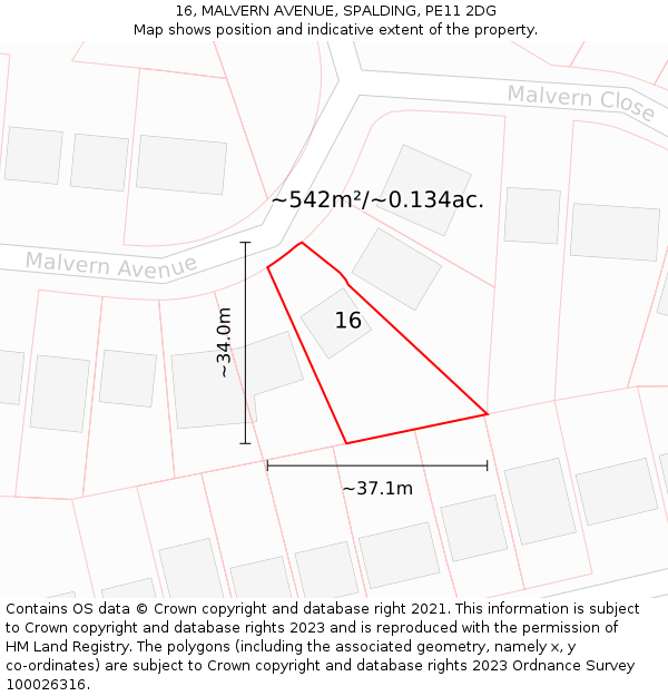 16, MALVERN AVENUE, SPALDING, PE11 2DG: Plot and title map