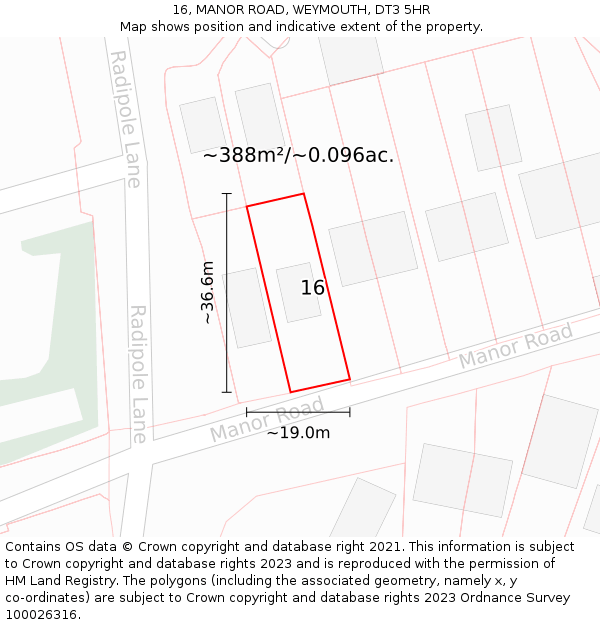 16, MANOR ROAD, WEYMOUTH, DT3 5HR: Plot and title map