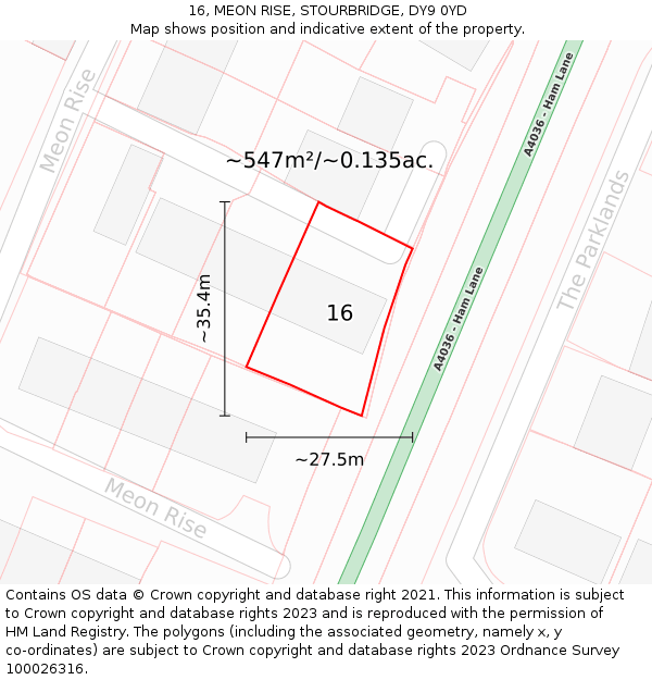 16, MEON RISE, STOURBRIDGE, DY9 0YD: Plot and title map