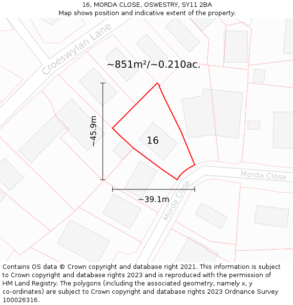 16, MORDA CLOSE, OSWESTRY, SY11 2BA: Plot and title map