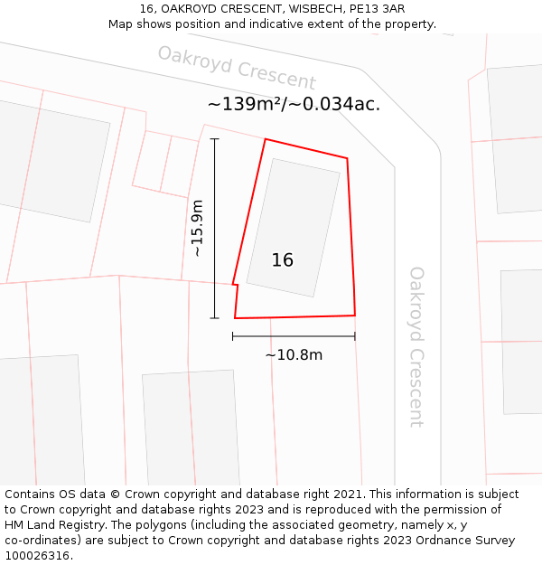 16, OAKROYD CRESCENT, WISBECH, PE13 3AR: Plot and title map