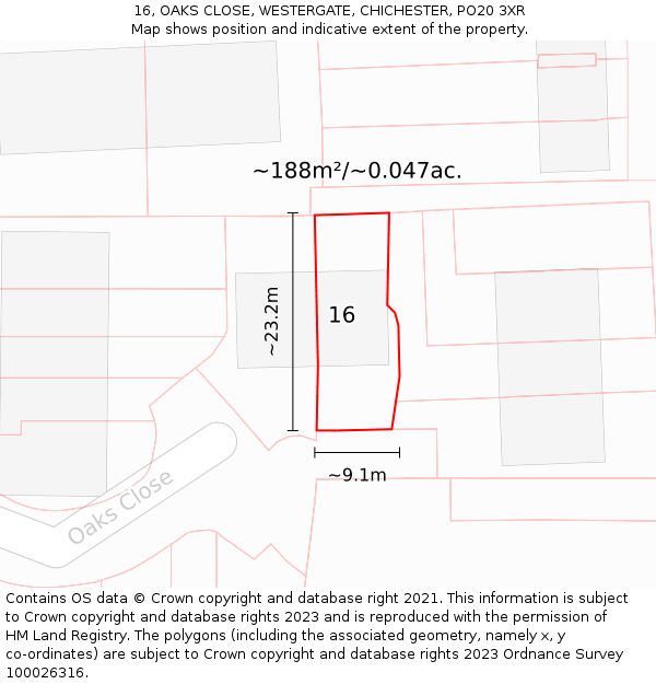 16, OAKS CLOSE, WESTERGATE, CHICHESTER, PO20 3XR: Plot and title map