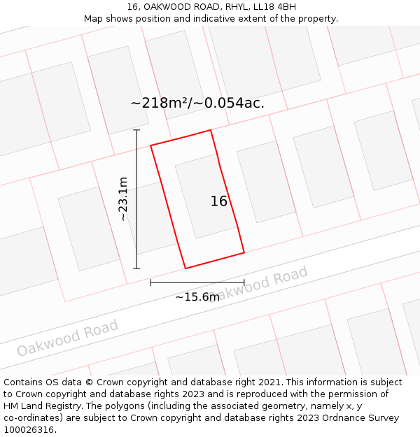 16, OAKWOOD ROAD, RHYL, LL18 4BH: Plot and title map
