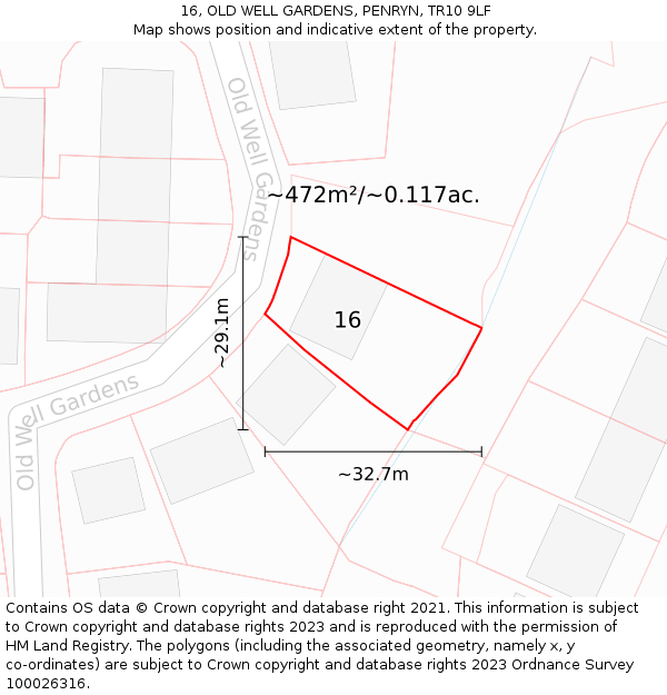 16, OLD WELL GARDENS, PENRYN, TR10 9LF: Plot and title map