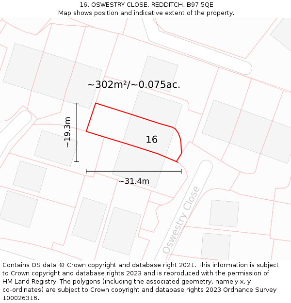 16, OSWESTRY CLOSE, REDDITCH, B97 5QE: Plot and title map