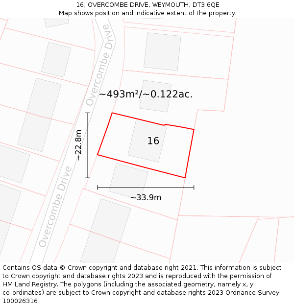 16, OVERCOMBE DRIVE, WEYMOUTH, DT3 6QE: Plot and title map