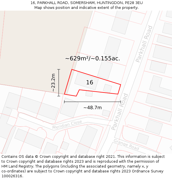 16, PARKHALL ROAD, SOMERSHAM, HUNTINGDON, PE28 3EU: Plot and title map