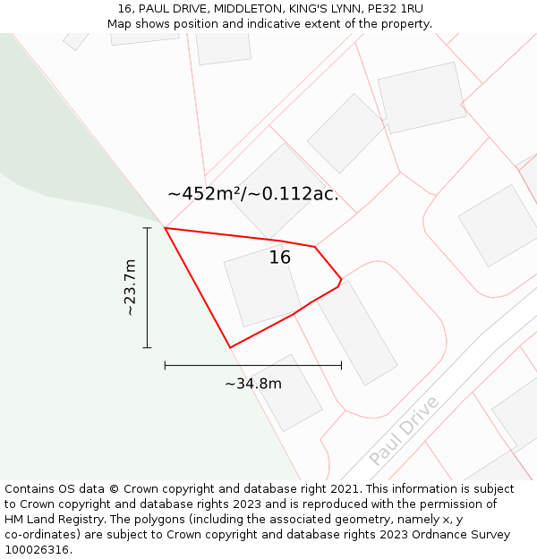 16, PAUL DRIVE, MIDDLETON, KING'S LYNN, PE32 1RU: Plot and title map