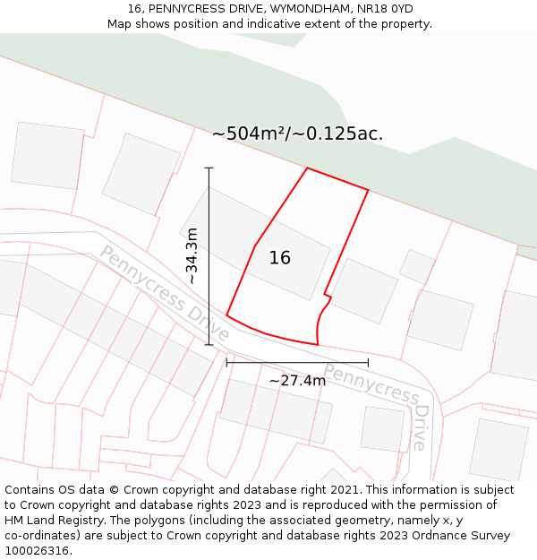 16, PENNYCRESS DRIVE, WYMONDHAM, NR18 0YD: Plot and title map