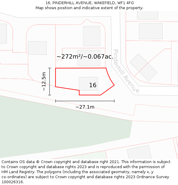 16, PINDERHILL AVENUE, WAKEFIELD, WF1 4FG: Plot and title map