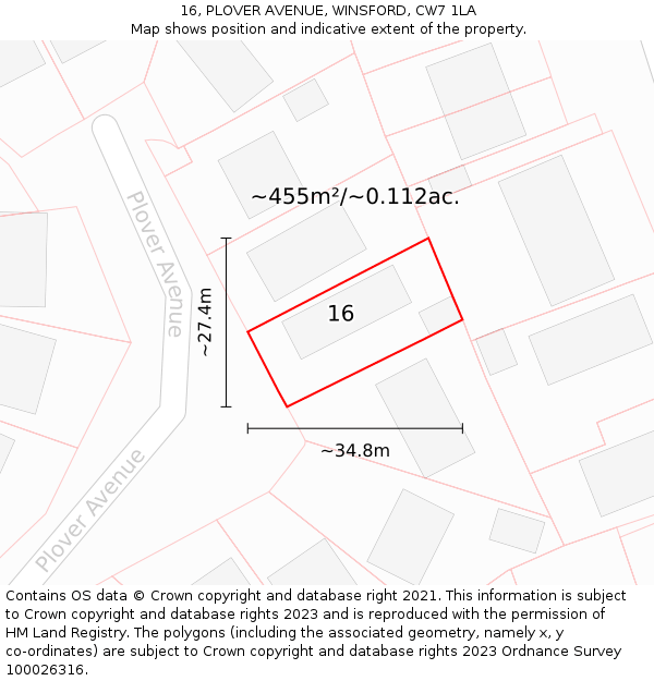 16, PLOVER AVENUE, WINSFORD, CW7 1LA: Plot and title map