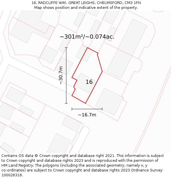 16, RADCLIFFE WAY, GREAT LEIGHS, CHELMSFORD, CM3 1FN: Plot and title map