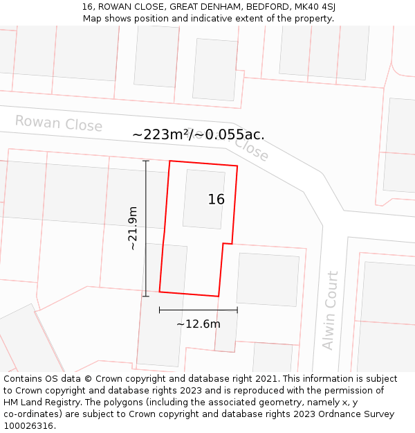 16, ROWAN CLOSE, GREAT DENHAM, BEDFORD, MK40 4SJ: Plot and title map