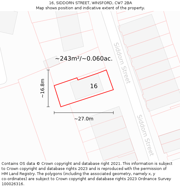 16, SIDDORN STREET, WINSFORD, CW7 2BA: Plot and title map